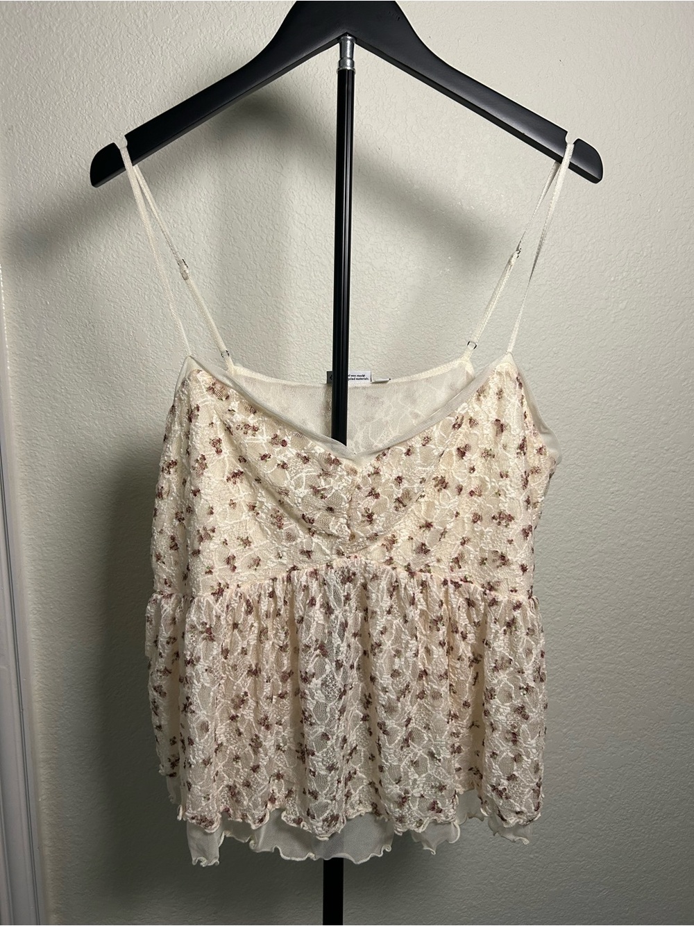 Lovesick Cream Lace Floral Tiered Camisole with Pink Embroidery